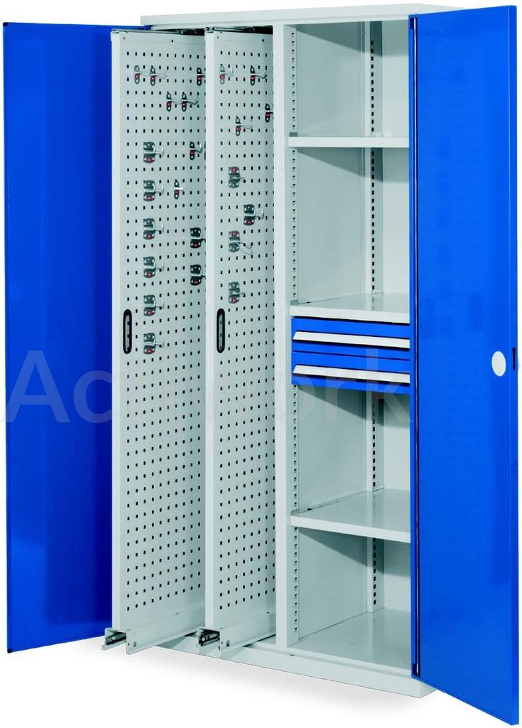 ARMOIRE VERTICALE PORTES PERFOREE BLEU - 2 PANNEAUX EXTRACTIBLES + 3 TABLETTES + 2 TIROIRS