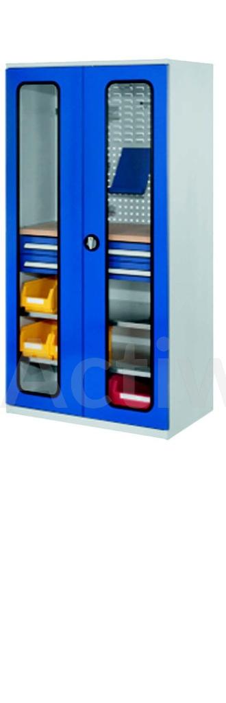 ARMOIRE ETABLI PORTES VITREES 2 TIROIRS + 3 TABLETTES - BLEU RAL 5010